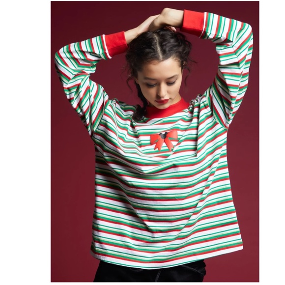 DISNEY x HOT TOPIC Mickey Holiday Stripe Long Sleeve Shirt Size Jrs Small - Picture 1 of 10